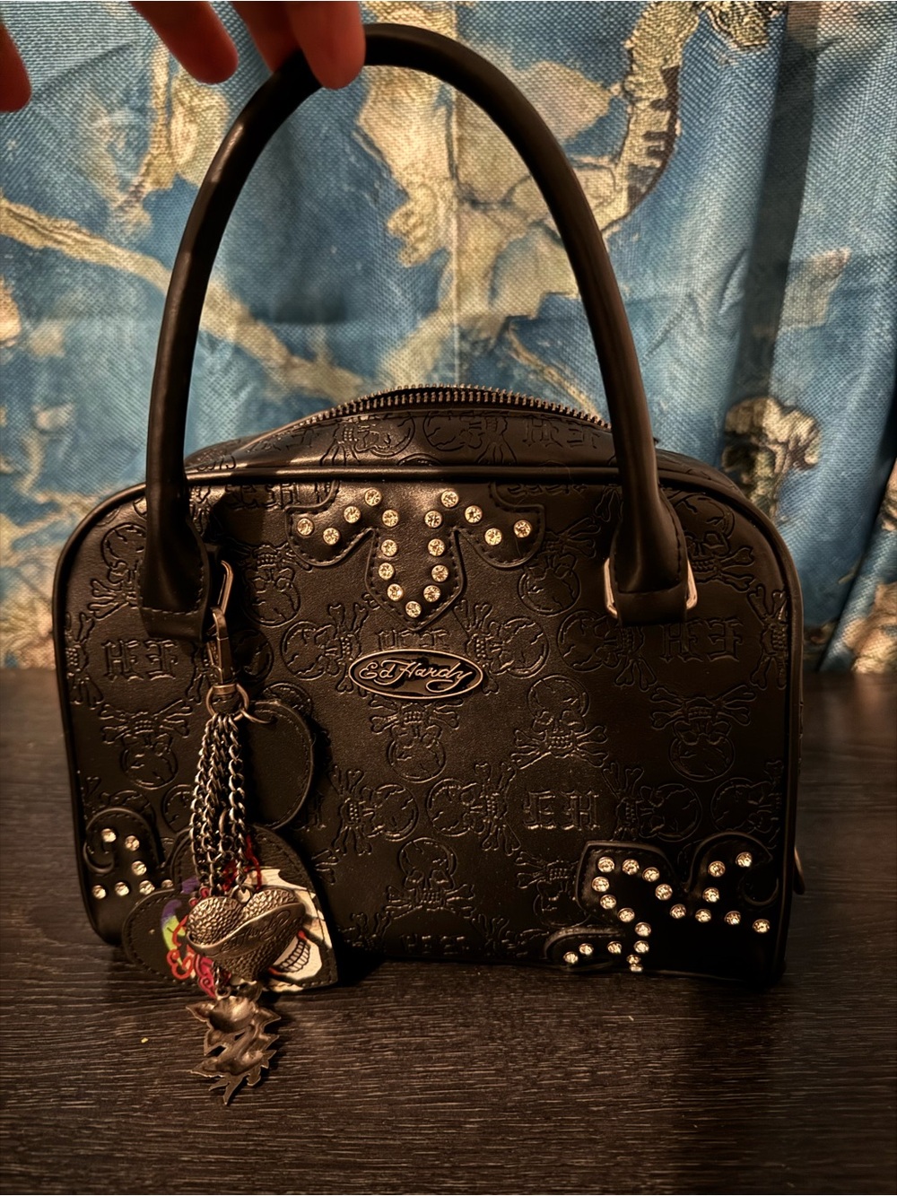 Ed Hardy Black Embossed Satchel with Studded Accents and Charm Tassel